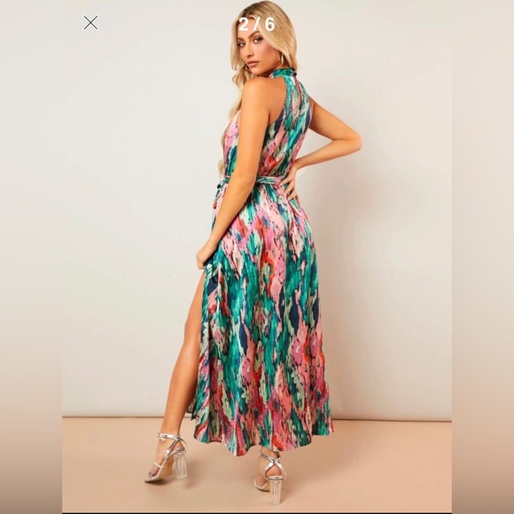 5 for $25! 💕 SHEIN Clasi Allover Print Split Thigh Belted Halter Dress - Picture 5 of 7
